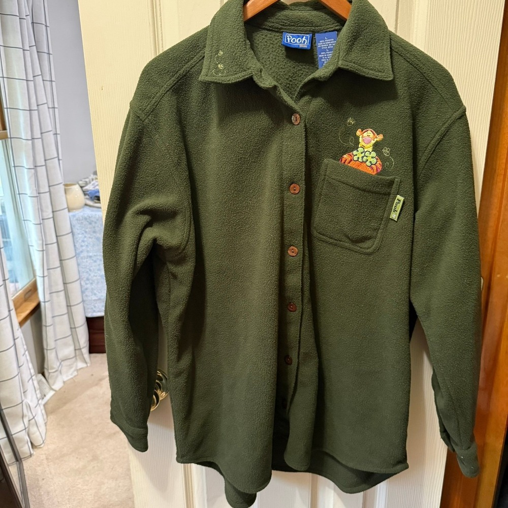VTG 90s Disney Store Tigger Fleece L Shacket Shirt Jacket Green Embroidered Fall - Picture 3 of 11
